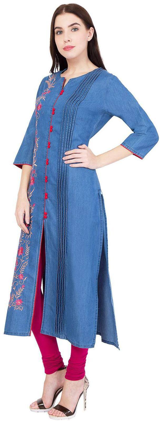PINKY PARI Women Blue Solid & Embroidered Regular Kurta