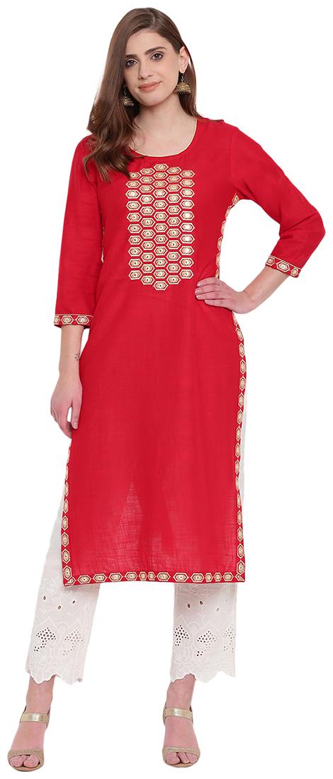

PINKY PARI Women Red Embroidered Straight Kurti