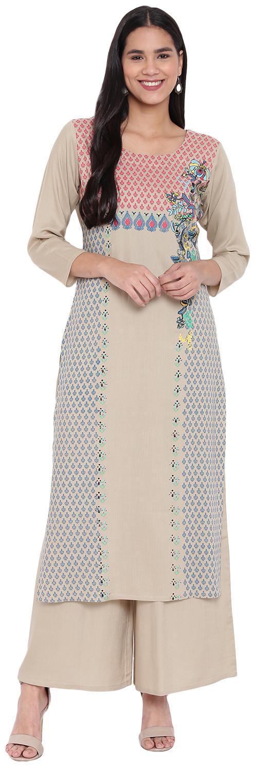 

PINKY PARI RAYON SCREEN PRINTED STRAIGHT FIT KURTA AND FLARED PALAZZO SET