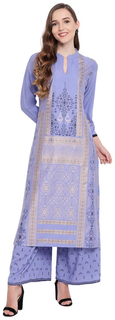 

PINKY PARI RAYON FOIL PRINTED LONG STRAIGHT FIT WOMEN S KURTA AND FLARED PRINTED PALAZZO SET