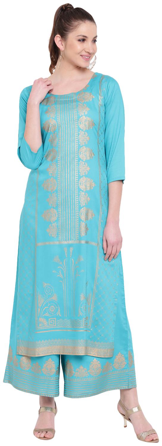 

PINKY PARI Women Turquoise Printed Straight Kurta With Palazzo