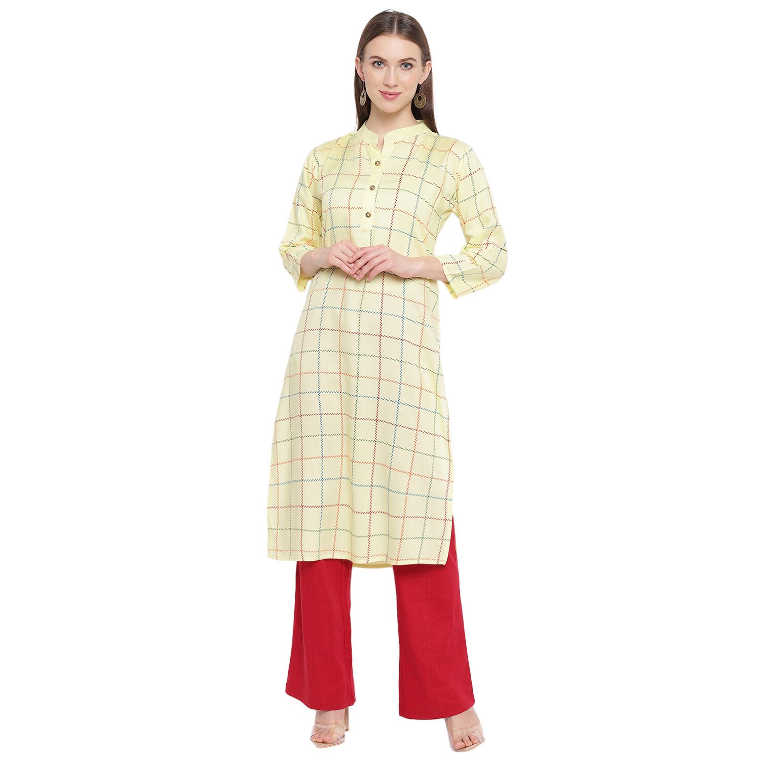 

PINKY PARI Women Yellow Checkered Regular Kurti