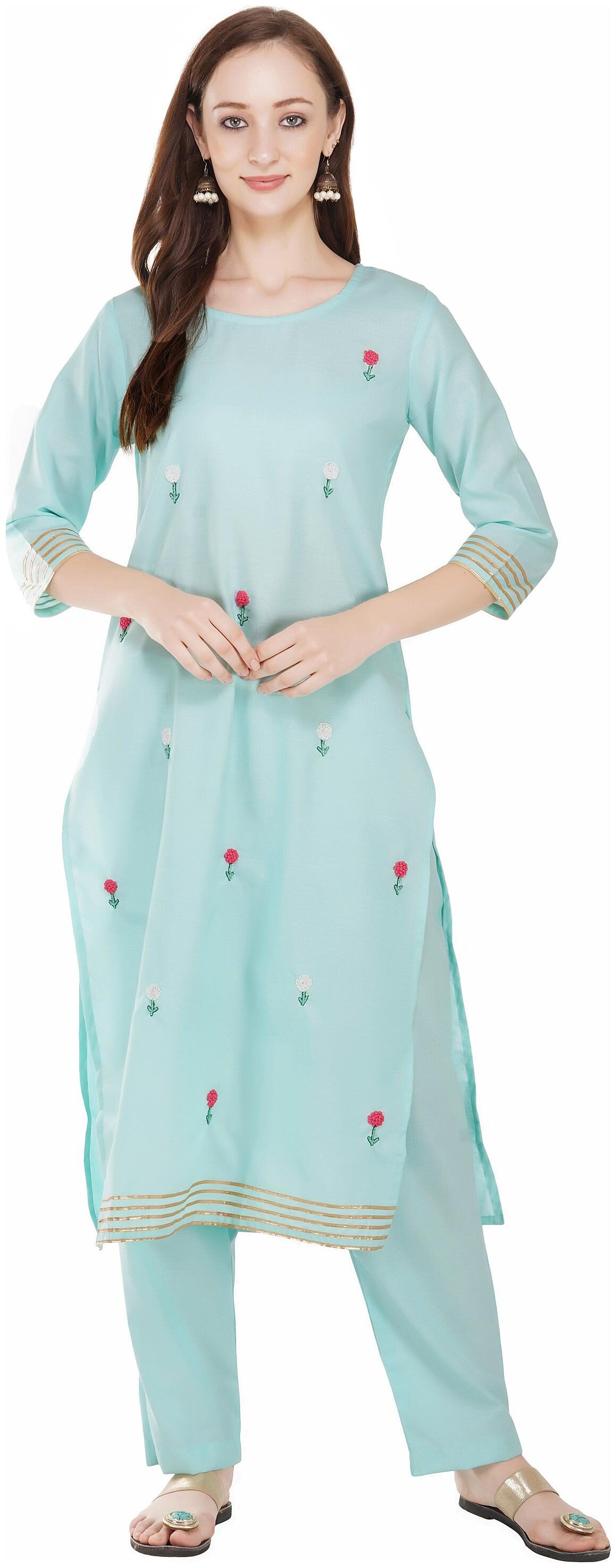

PINKY PARI Women Turquoise Embroidered Straight Kurta