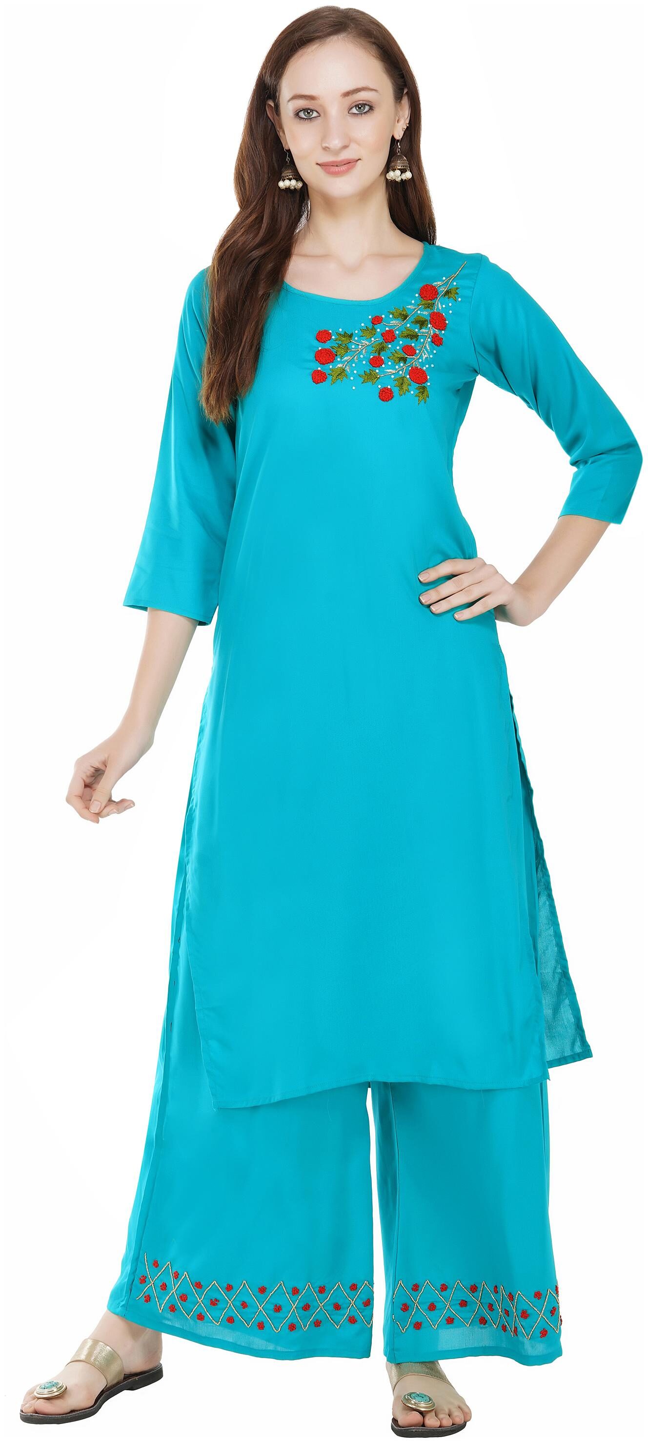 

PINKY PARI Women Turquoise Embroidered Straight Kurta