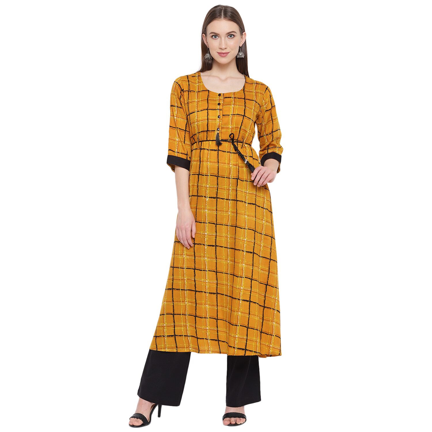 

PINKY PARI Women Mustard Checkered Regular Kurti