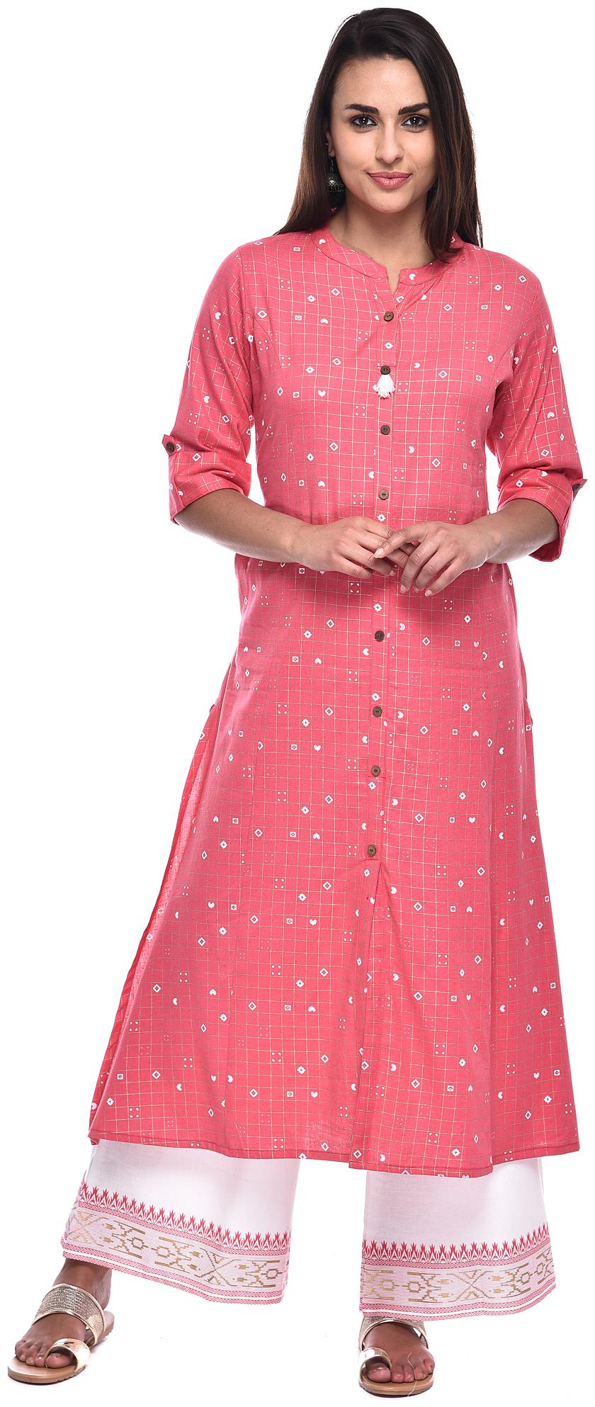 

PISTAA Blended Checked A-Line Pink Kurta With Palazzo