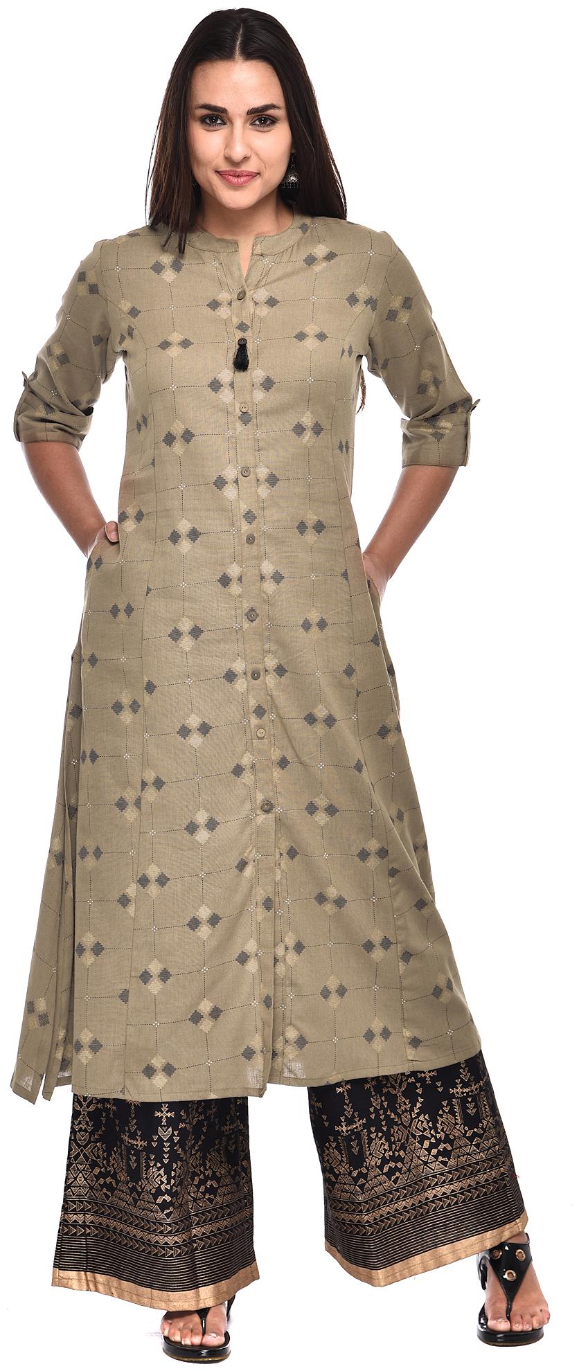 

PISTAA Blended Printed A-Line Brown Kurta With Palazzo