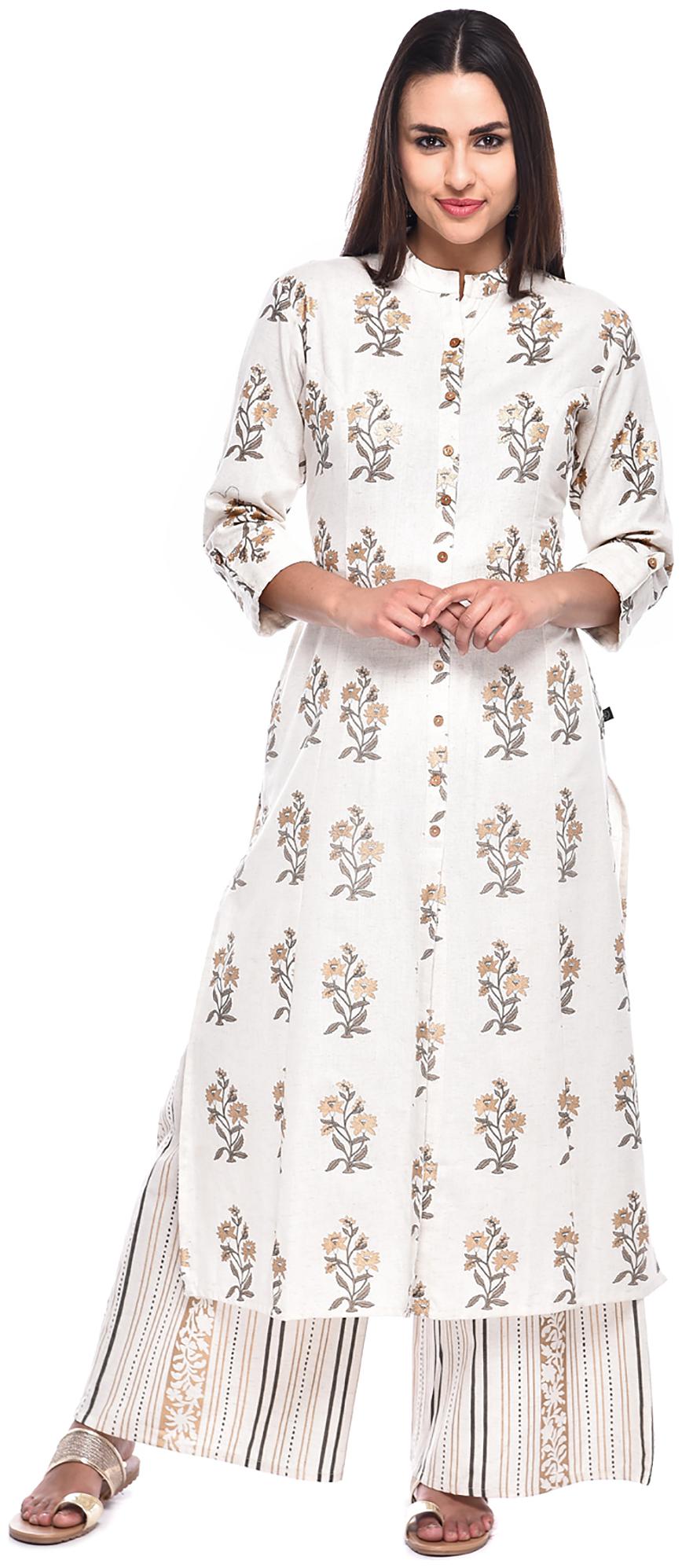 

PISTAA Blended Floral A-Line White Kurta With Palazzo