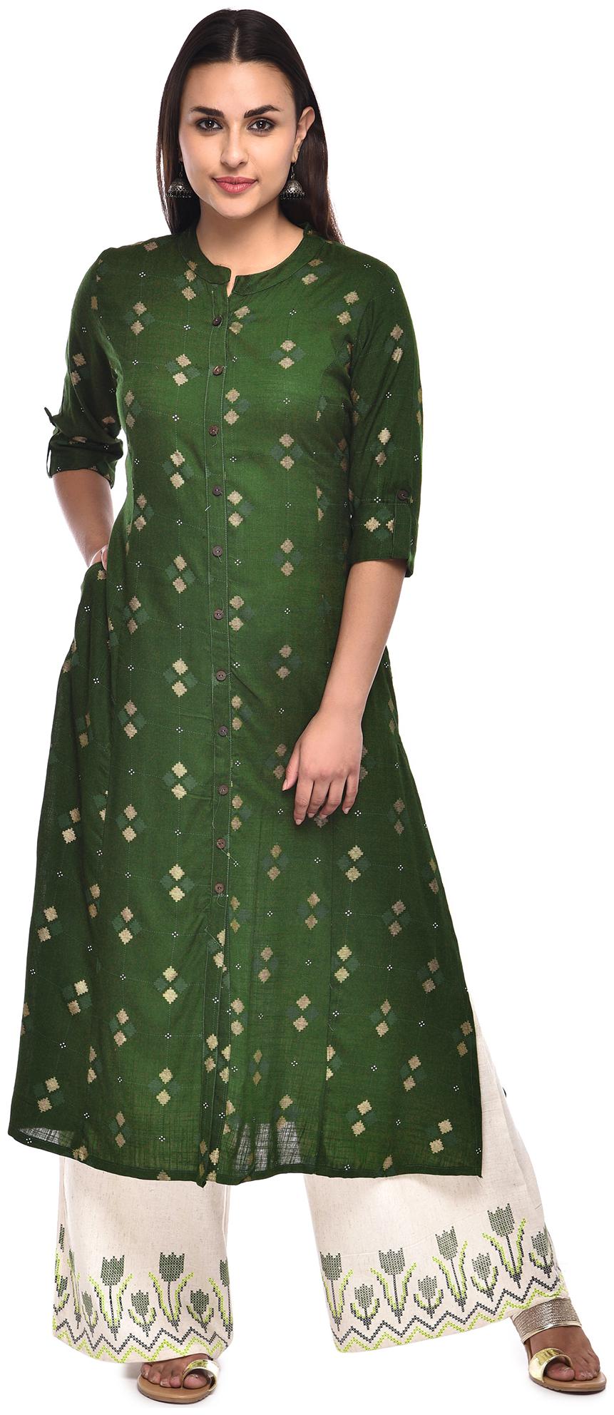 

PISTAA Blended Printed A-Line Green Kurta With Palazzo
