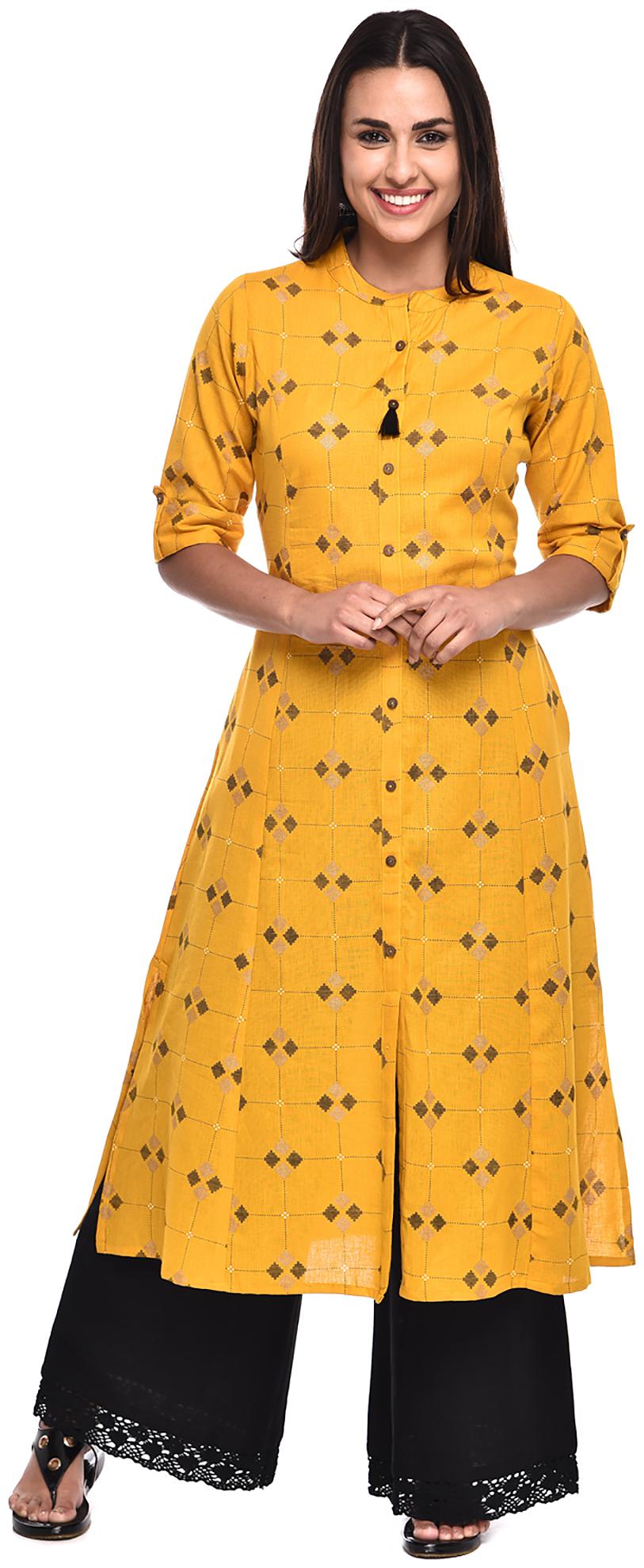 

PISTAA Blended Printed A-Line Yellow Kurta With Palazzo