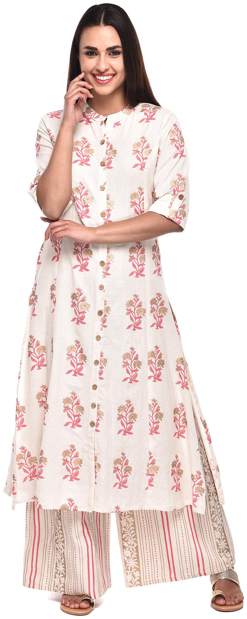 

PISTAA Blended Floral A-Line Pink Kurta With Palazzo