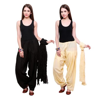 

Pistaa Pack Of 2 Black And Cream Cotton Salwar With Dupatta