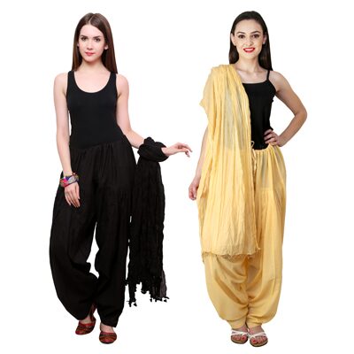 

Pistaa Pack Of 2 Black And Beige Cotton Salwar With Dupatta
