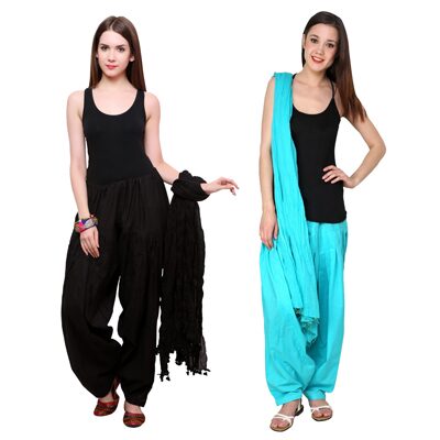 

Pistaa Pack Of 2 Black And Blue Cotton Salwar With Dupatta