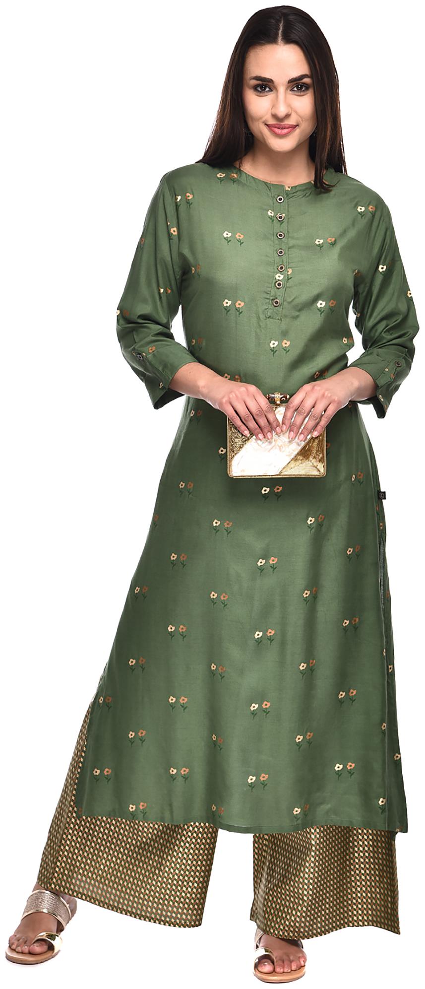 

PISTAA Viscose Printed A-Line Green Kurta With Palazzo