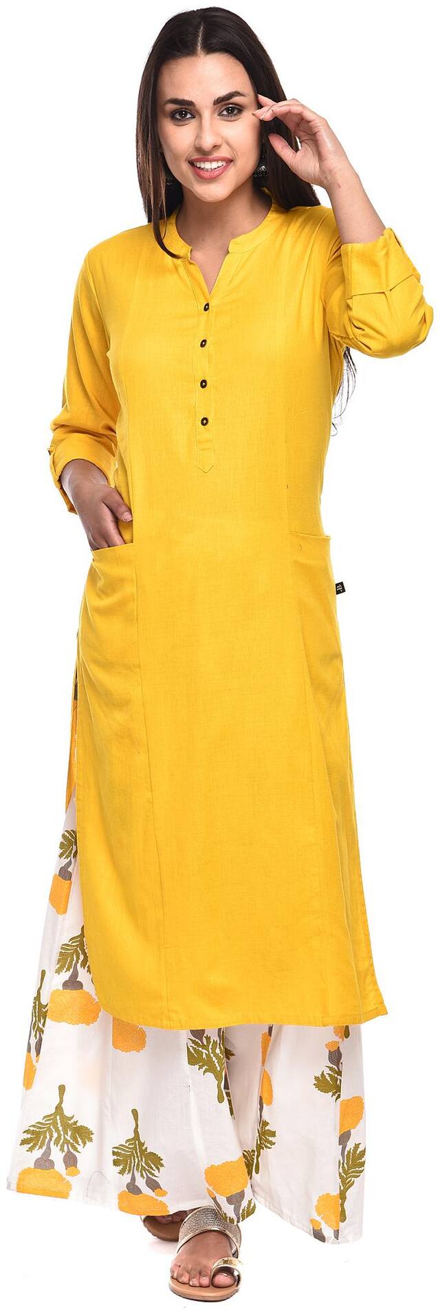 Pistaa Women Solid Two Patch Pocket Kurta With Palazzo Bottom Set -Yellow and White
