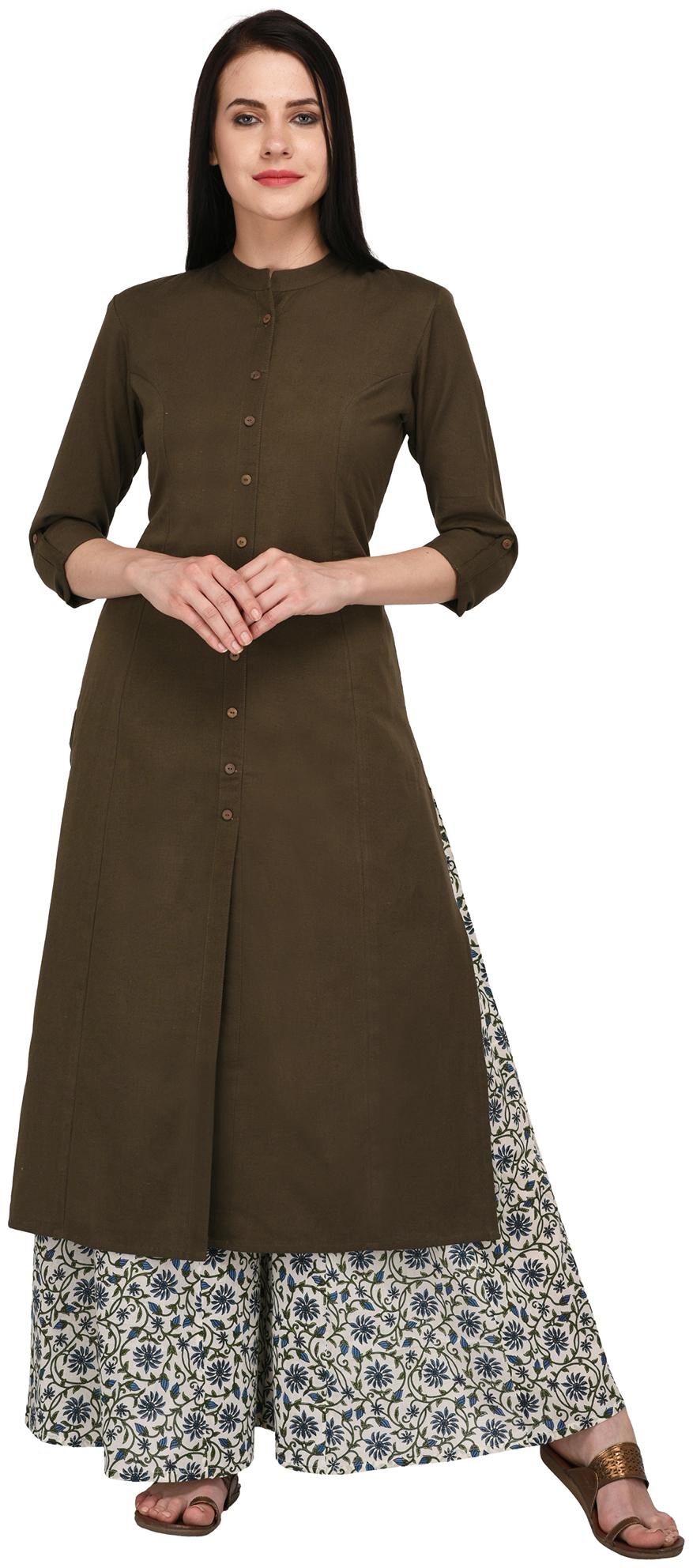 

Pistaa Women Cotton Solid Kurta With Palazzo Bottom Set Green
