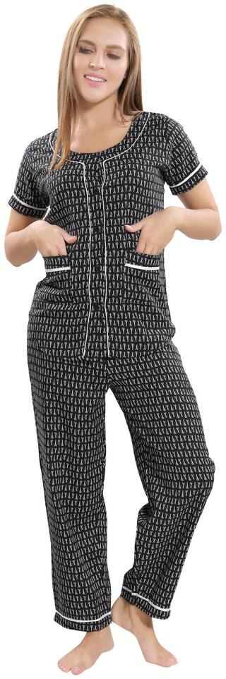 PIU Women Cotton Printed Top and Pyjama Set - Black