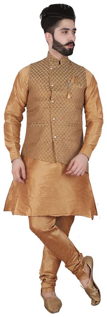 

P K GARMENTS Brown Printed Kurta and Churidar With Nehru Jacket