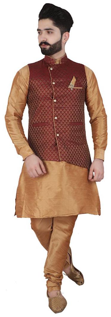 

P K GARMENTS Maroon Printed Kurta and Churidar With Nehru Jacket