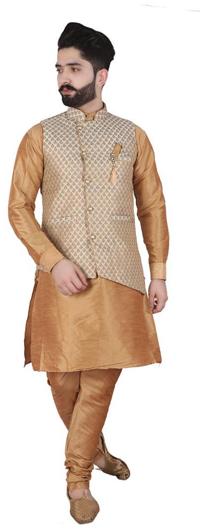 

P K GARMENTS Cream Printed Kurta and Churidar With Nehru Jacket