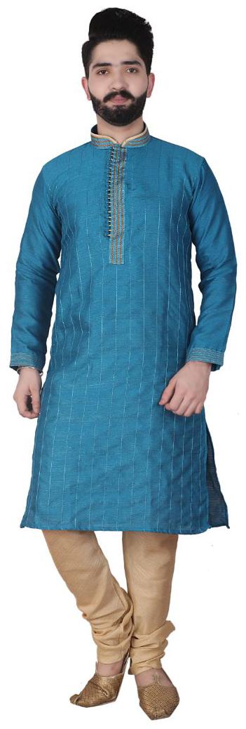 

P K GARMENTS Turquoise Beige Striped Kurta and Churidar