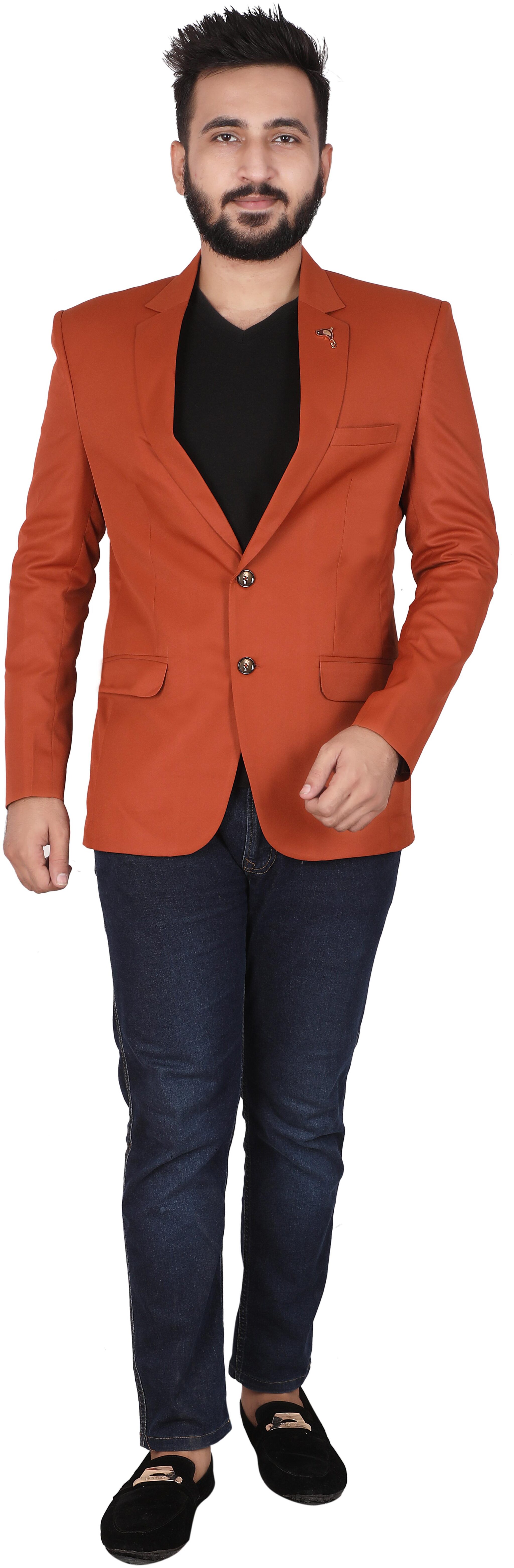 

P K GARMENTS Men Orange Solid Slim fit Single Breasted Blazer