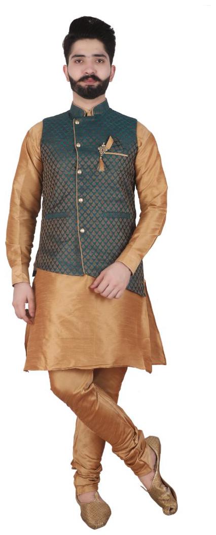 

P K GARMENTS Green Printed Kurta and Churidar With Nehru Jacket