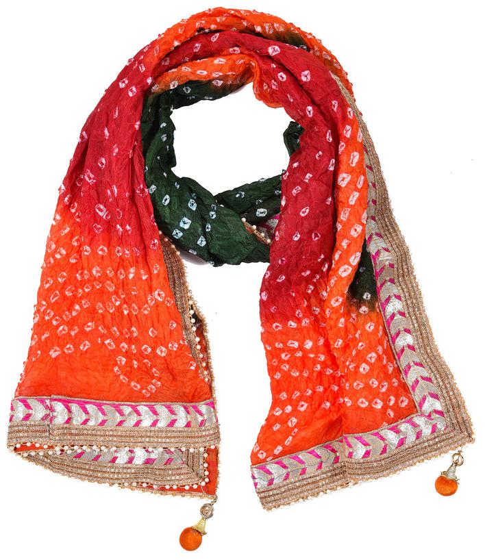 

PK HUB Jaipuri Rajasthani Women Silk Bandhani Bandhej Multi-Colored Heavy Dupatta with Gota Work and latkan