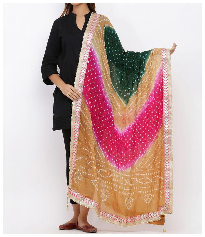 

PK HUB Jaipuri Rajasthani Women Silk Bandhani Bandhej Multi-Colored Heavy Dupatta with Gota Work and latkan