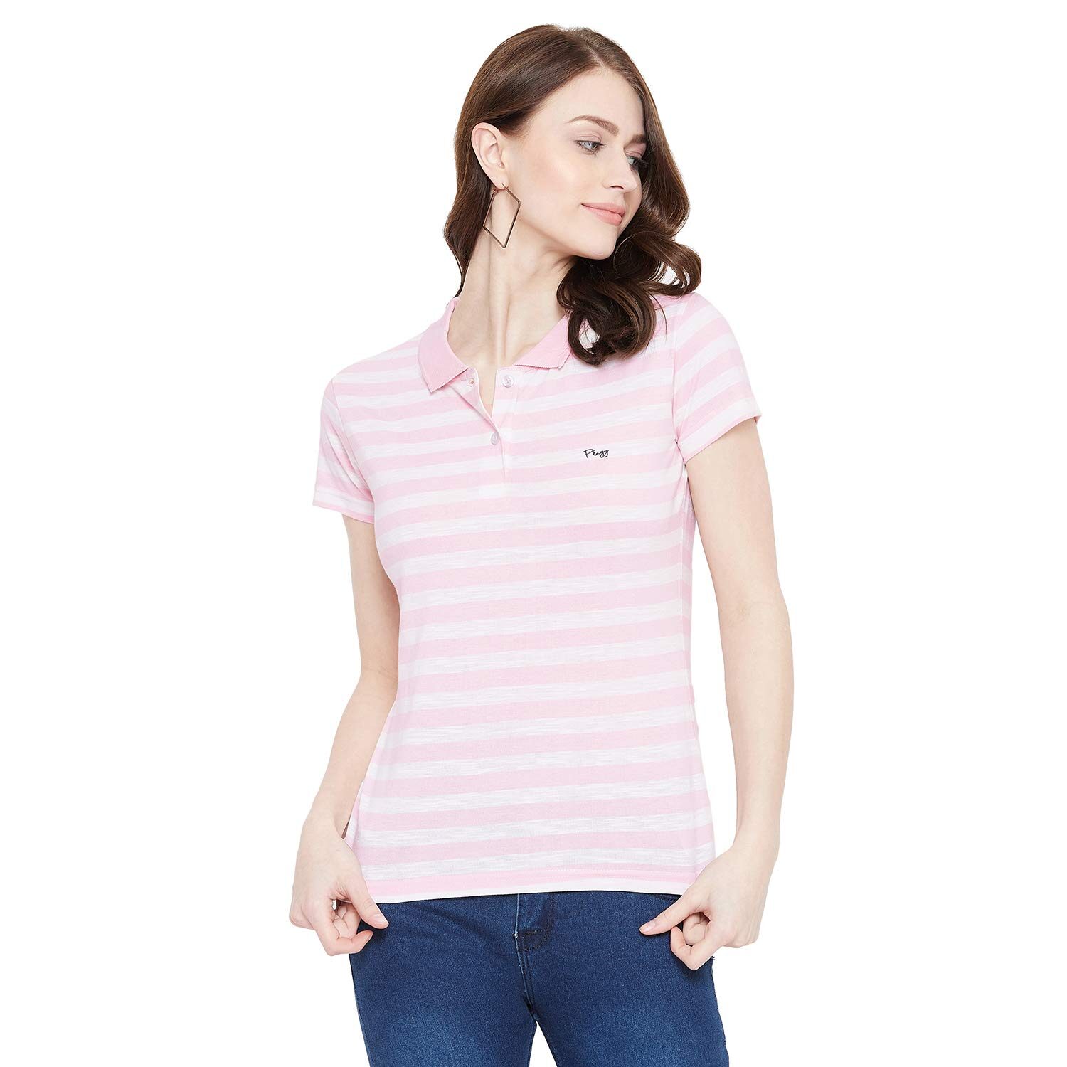 

PLAGG Women Pink White Regular fit Polo neck Cotton T shirt