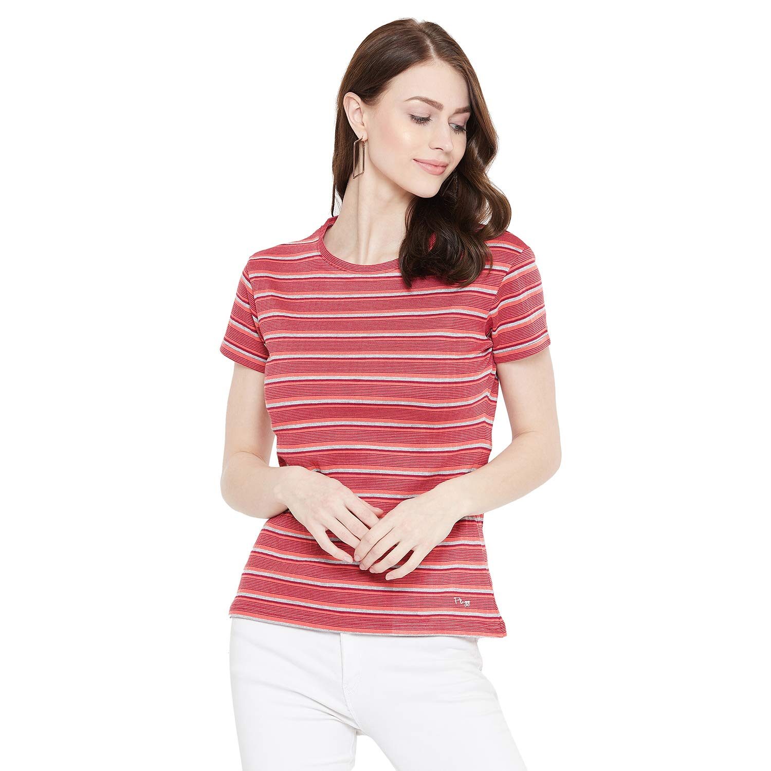 

PLAGG Women Red Regular fit Round neck Cotton T shirt