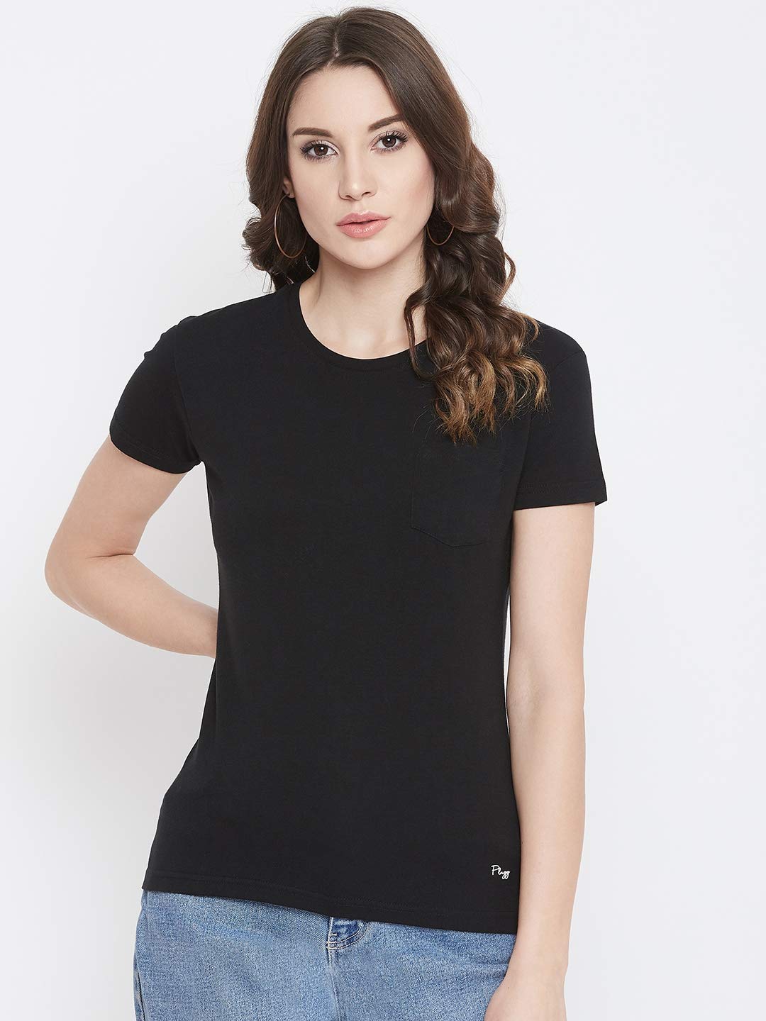 

PLAGG Women Black Regular fit Round neck Cotton T shirt