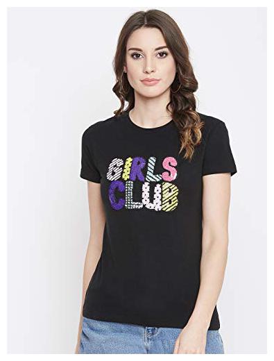 

PLAGG Women Black Regular fit Round neck Cotton T shirt