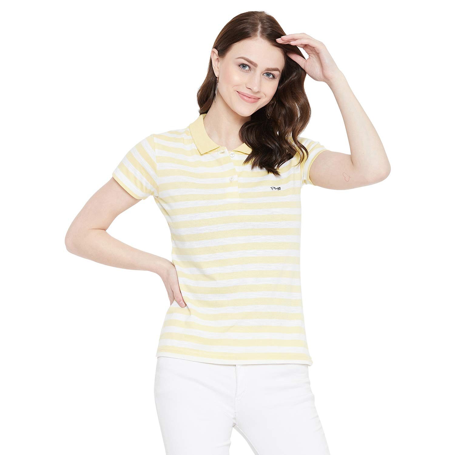 

PLAGG Women Yellow White Regular fit Polo neck Cotton T shirt