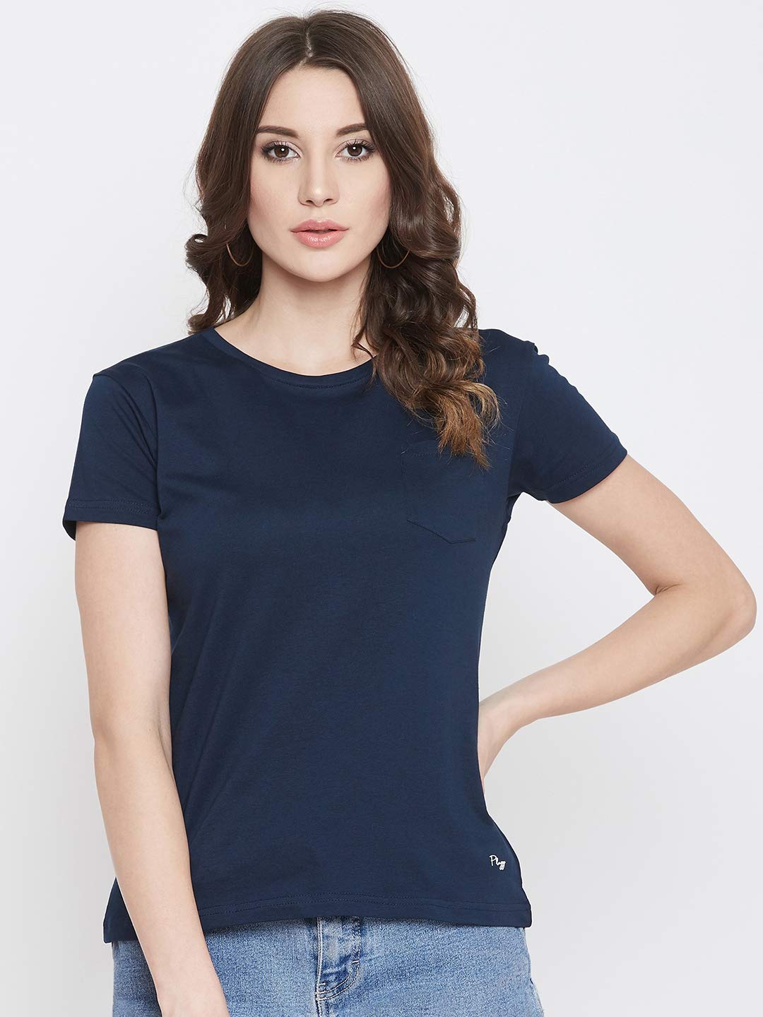 

PLAGG Cotton Solid Navy Blue T Shirt For Women