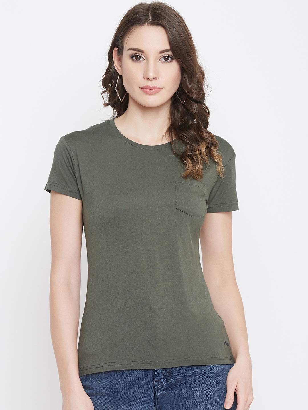 

PLAGG Cotton Solid Olive T Shirt For Women