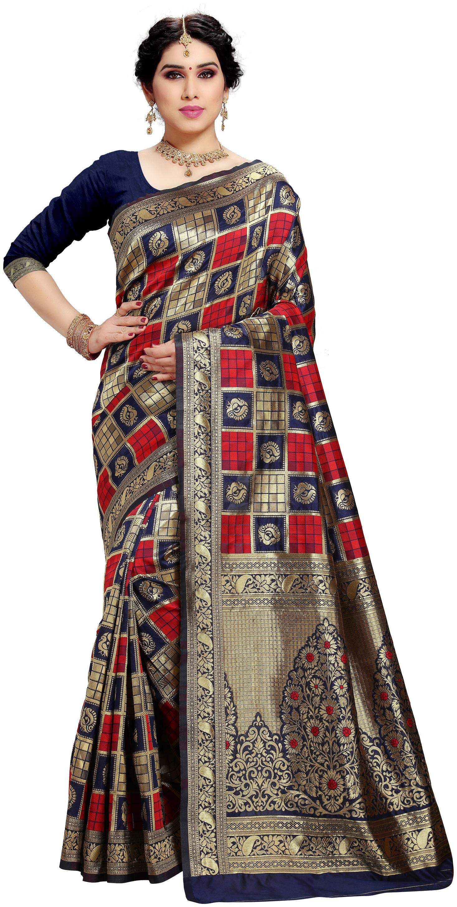 

Poonam Textile Artificial Silk Woven Blue Color Saree With Blouse