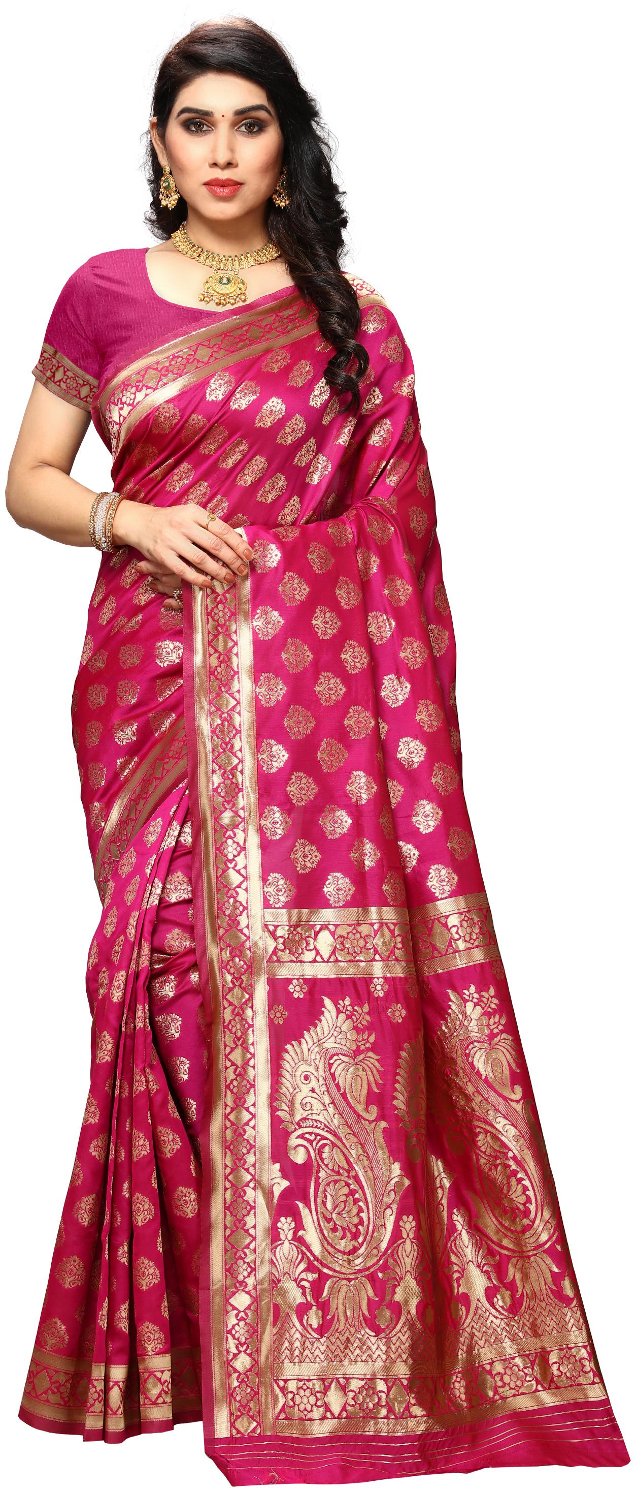 

Poonam Textile Women s Banarasi Silk Pink Color Saree With Blouse Piece