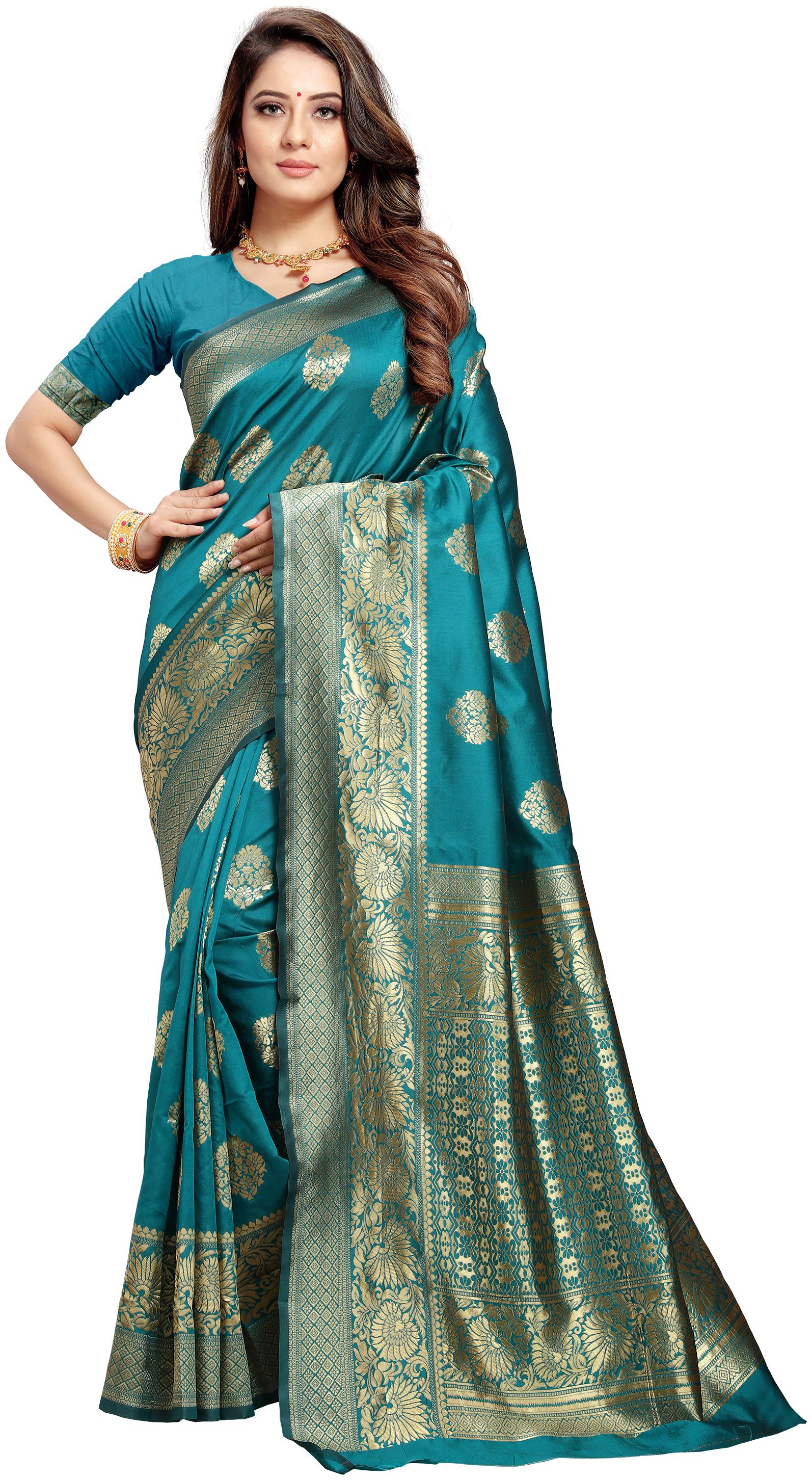 

Poonam Textile Artificial Silk Woven Turquoise Color Saree With Blouse