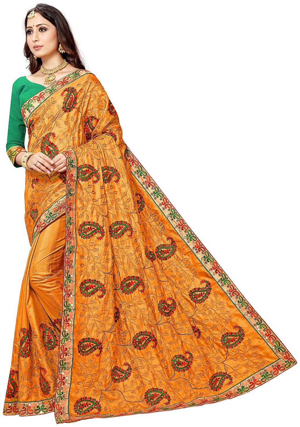 

Poonam Textile Women s Orange Silk Embroidered Designer Saree