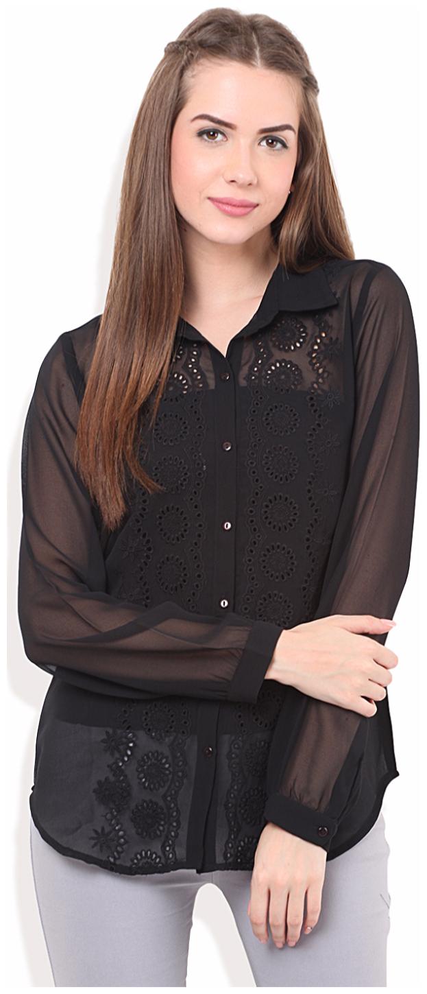 

Porsorte Women Black Embroidered Regular Fit Shirt