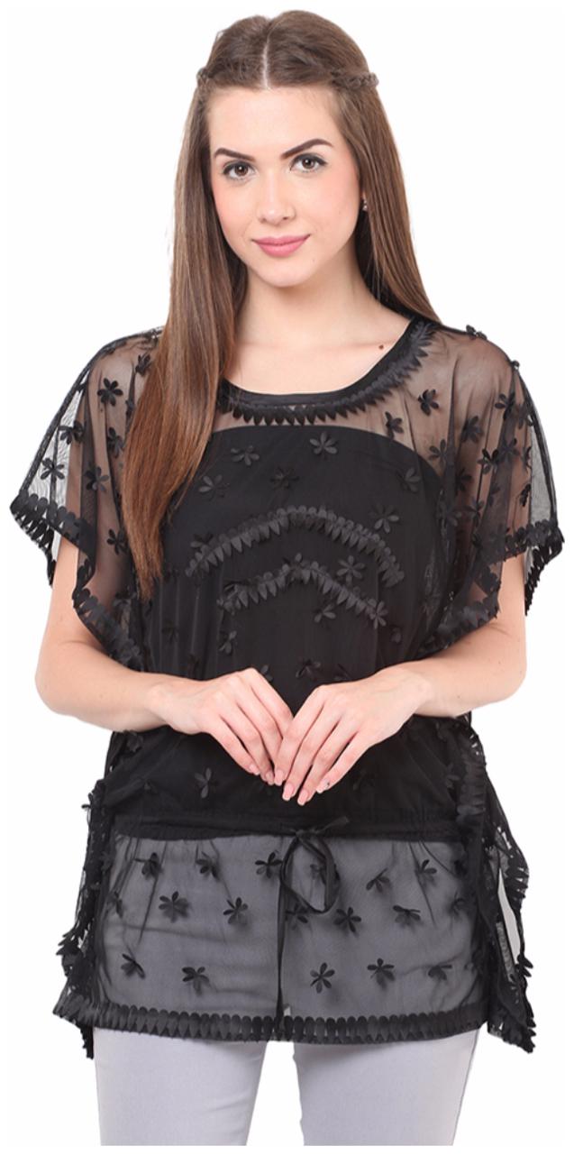 

PORSORTE Women s Polyester Black Lace Kaftan Lacer Cut Flower Embroidery Top