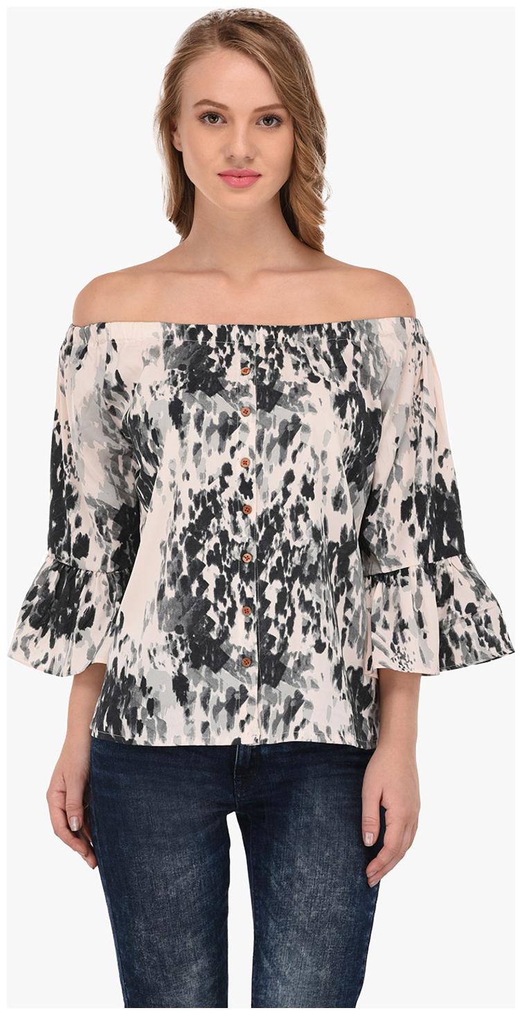 

PORSORTE Women s Pink Grey Cold Shoulder Printed Top