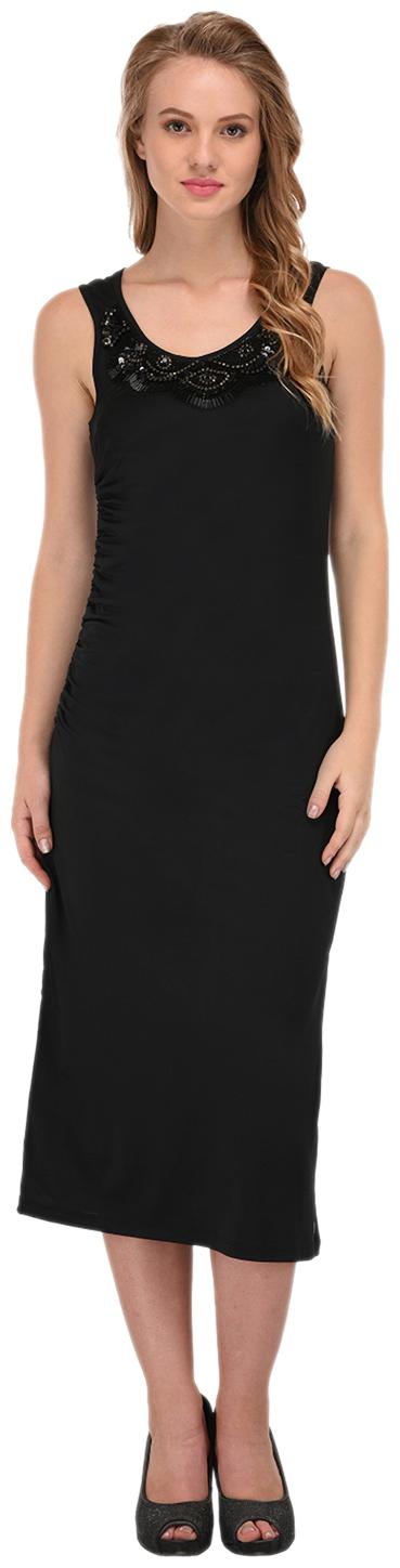 

PORSORTE Women s Polyester Black Neck Embroidered Dress