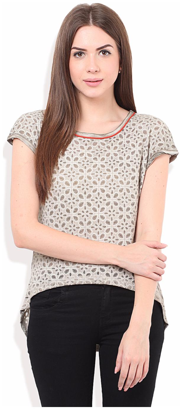 

PORSORTE Women s Cotton Floral Beige Contrast Neck Detail Top
