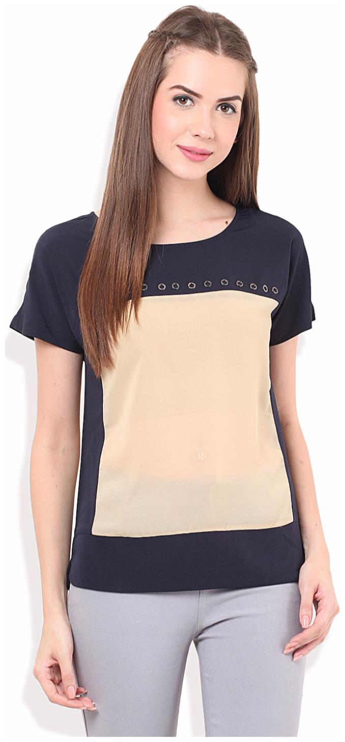 

PORSORTE Women s Polyester Color Blocking Blue Beige Hot Fix Top