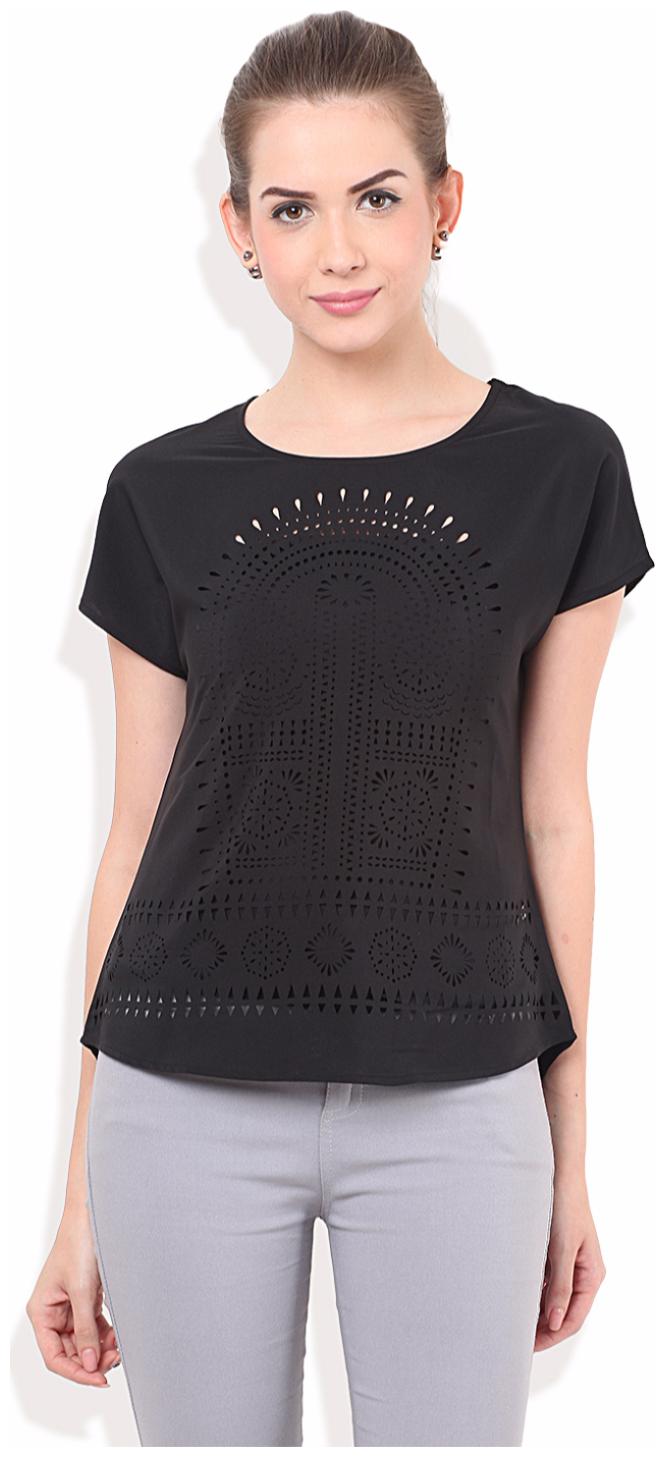 

PORSORTE Women s Polyester Solid Black Laser Cut Top