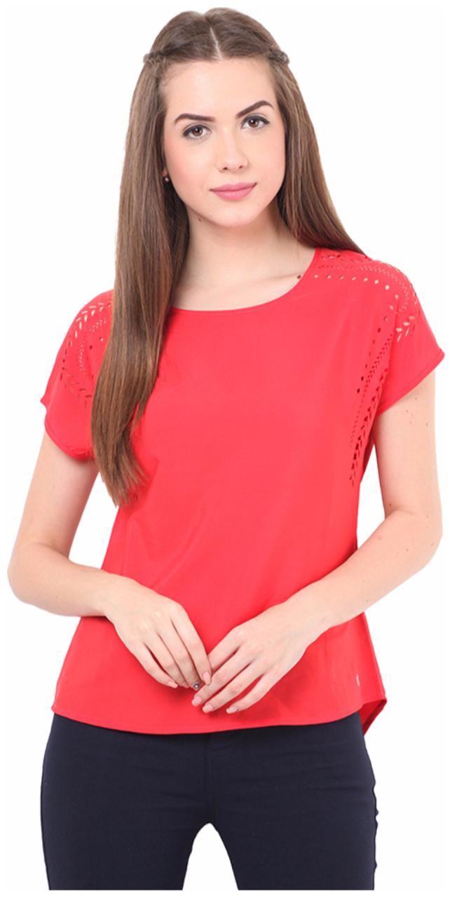

PORSORTE Women s Polyester Solid Red Lacer Cut Work Top