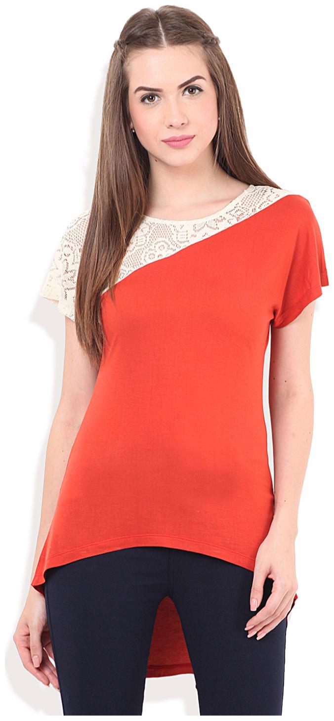 

PORSORTE Women s Viscose Crochet Yoke Red and White Top